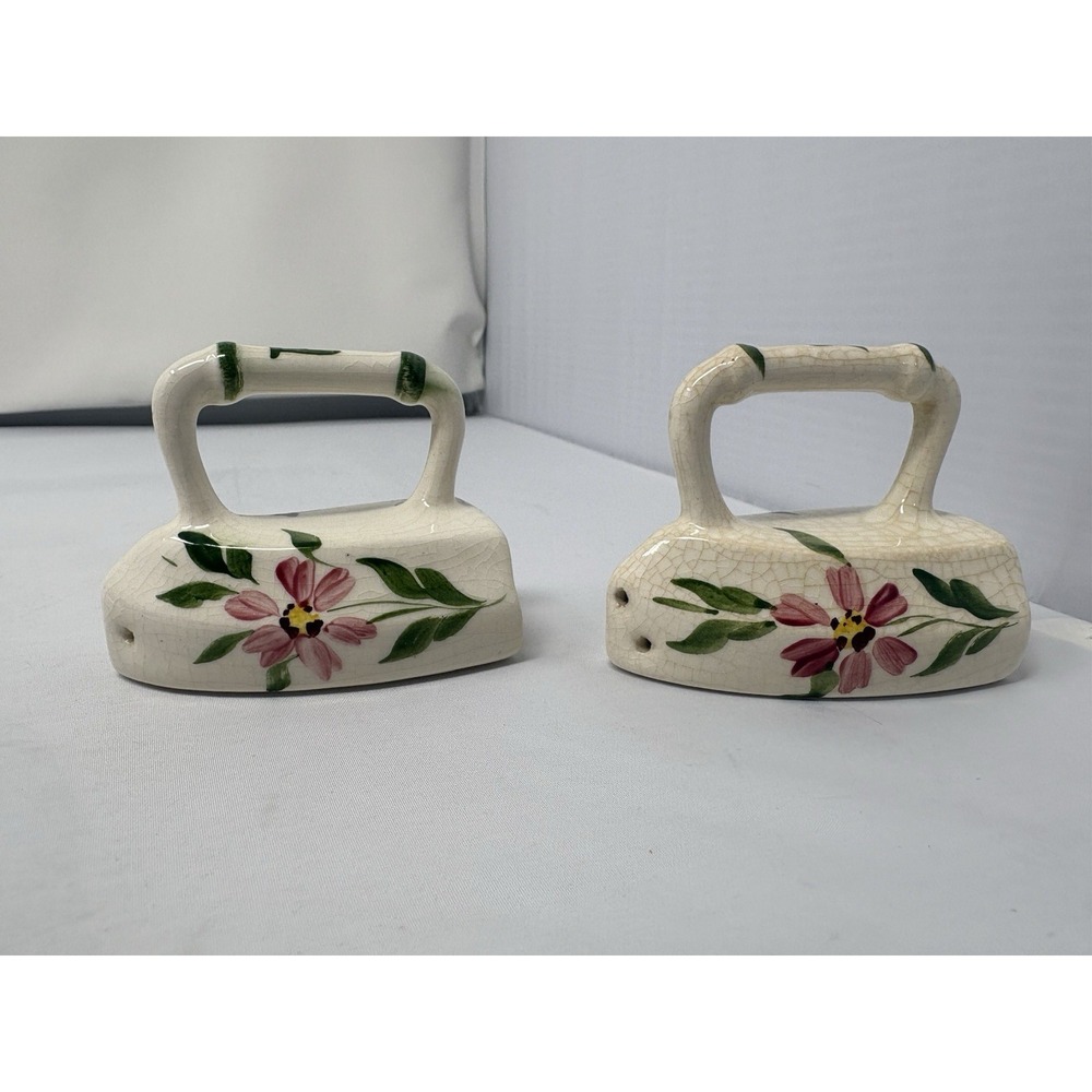Vintage 50s Hand Painted Floral Ceramic Sad Iron Salt and Pepper Shakers Kitsch